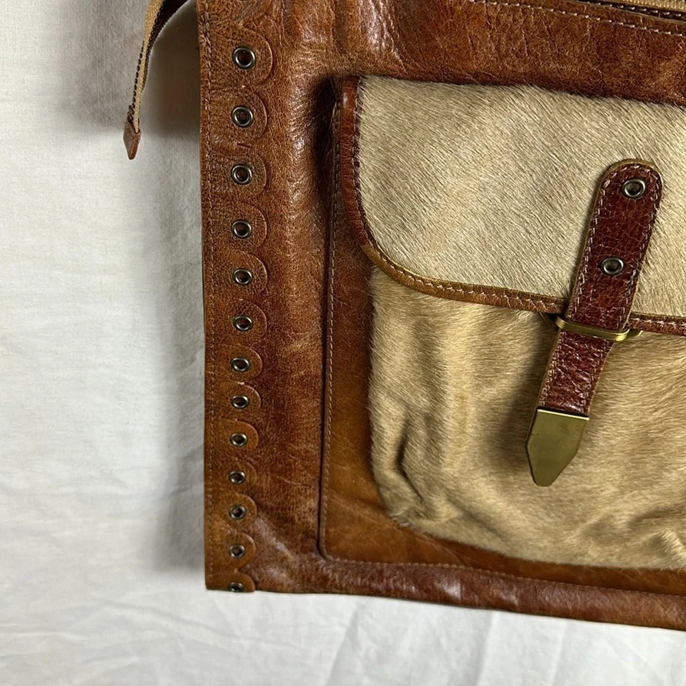 Vintage PRINCIPE Brown Leather COWHIDE PONY HAIR Satchel Crossbody Made in Italy